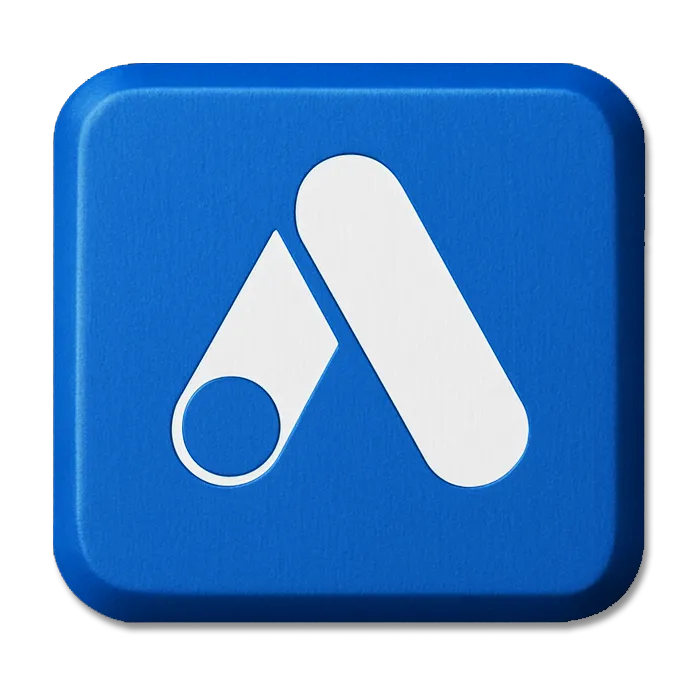 Blue key with white Google Ads logo, a stylized A formed by geometric shapes.