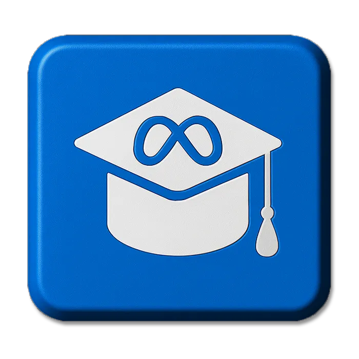 White graduation cap with an infinity symbol on top on a blue square button.