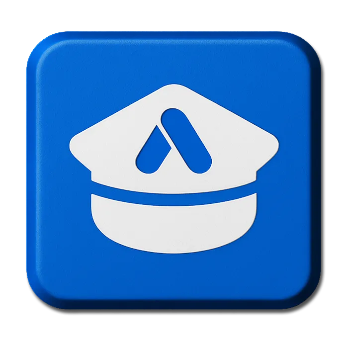 White police or conductor hat icon on a blue rounded square background.
