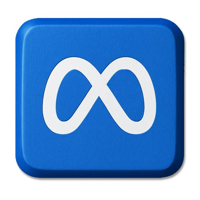 Blue square button with a white infinity-shaped Meta logo centered on it.