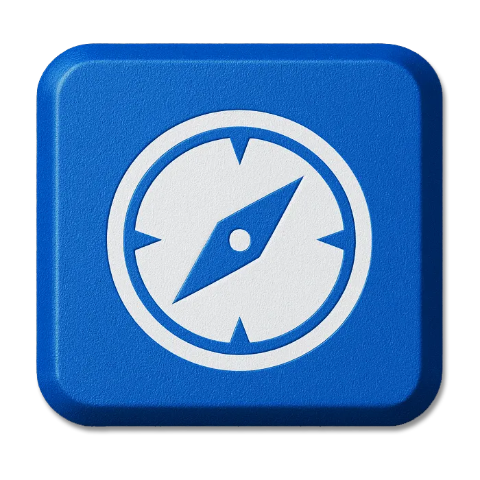 Blue square button with a white compass icon symbolizing navigation or direction.