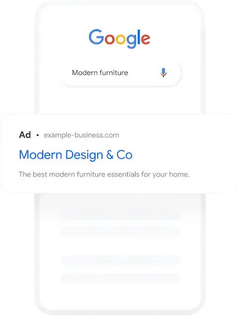 Google search for modern furniture with an ad for Modern Design & Co offering modern furniture essentials.