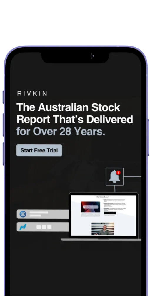 Phone screen showing Rivkin's Australian stock report ad offering a free trial, with laptop and notification icon.