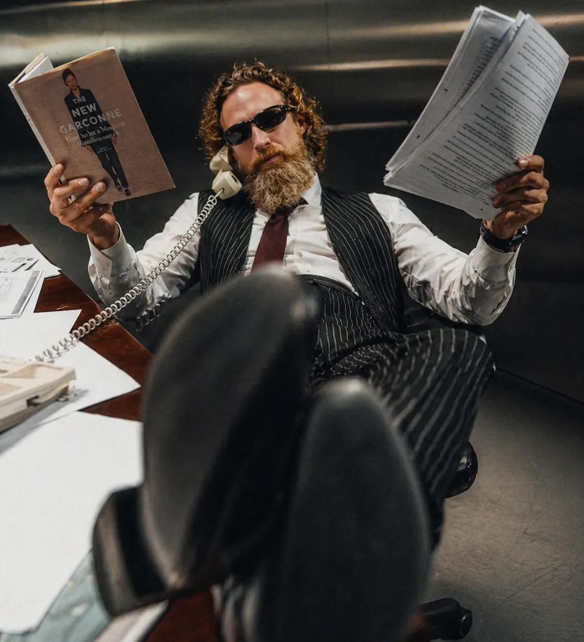 Man in pinstripe suit with sunglasses on phone, holding papers and a book, feet up on desk.