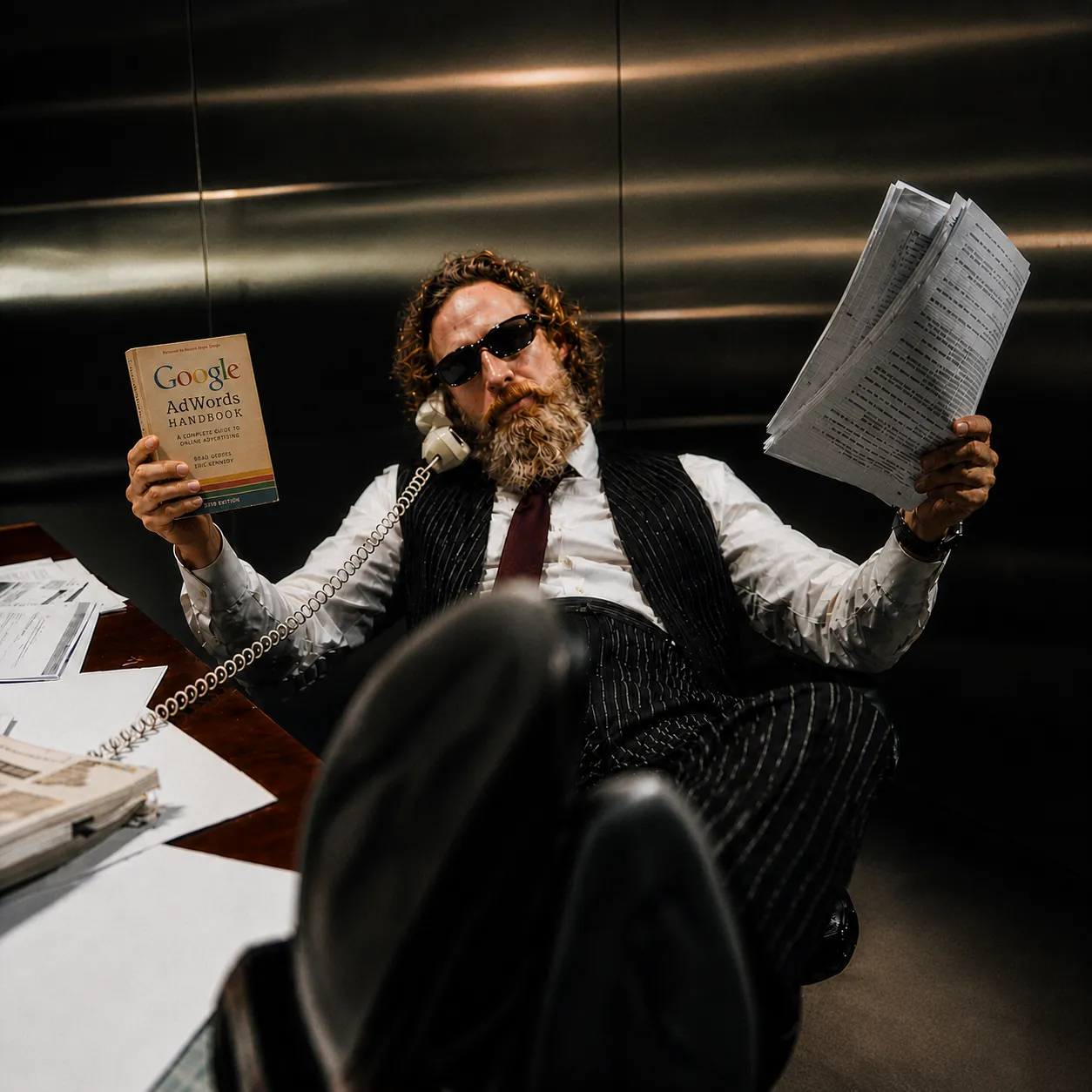 Man in sunglasses on a phone, holding a Google AdWords book and papers, feet up on desk.