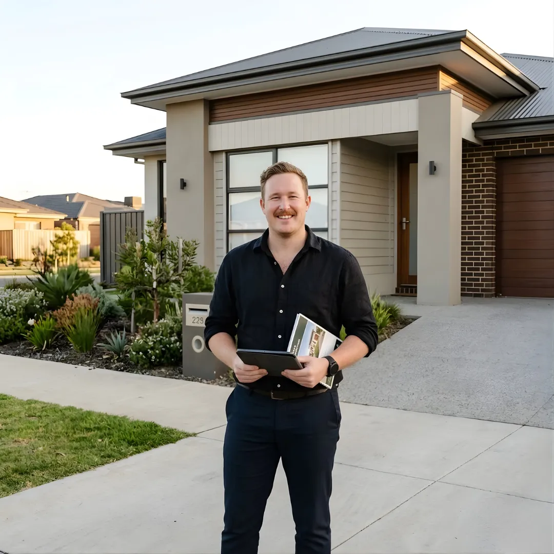 Smiling man in black shirt holding tablet and brochures standing outside modern house entrance.