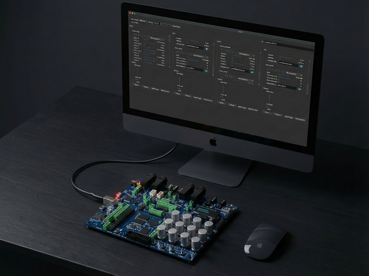 Elk Stomp development board on a desk