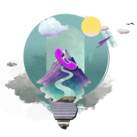 Illustration mit Berg, Weg und Wolken in Aquarellstil – symbolisiert Orientierung und Begleitung in der Onlineberatung