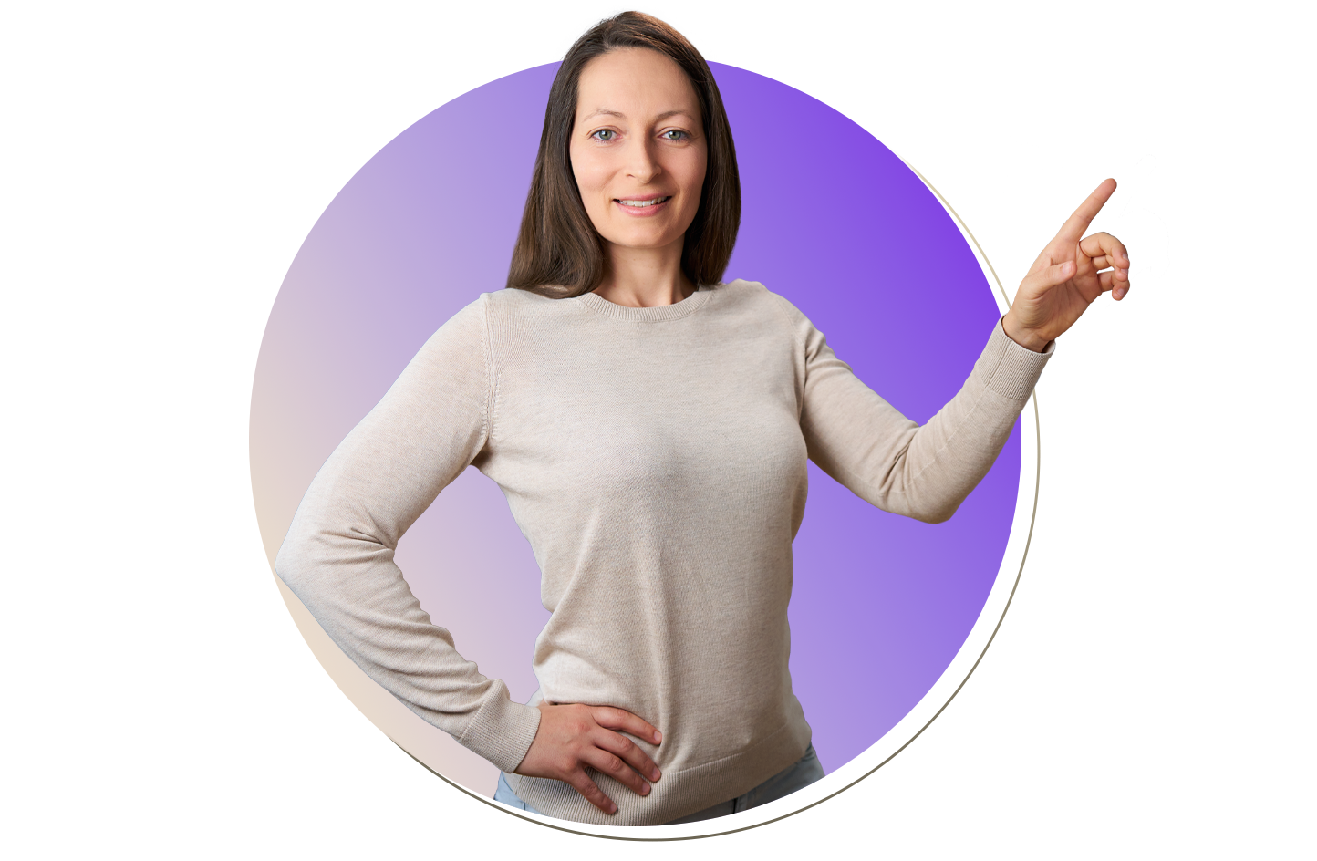 Marie Krauß, Gesundheitscoach bei Healphy, lächelt und deutet mit der Hand zur Seite