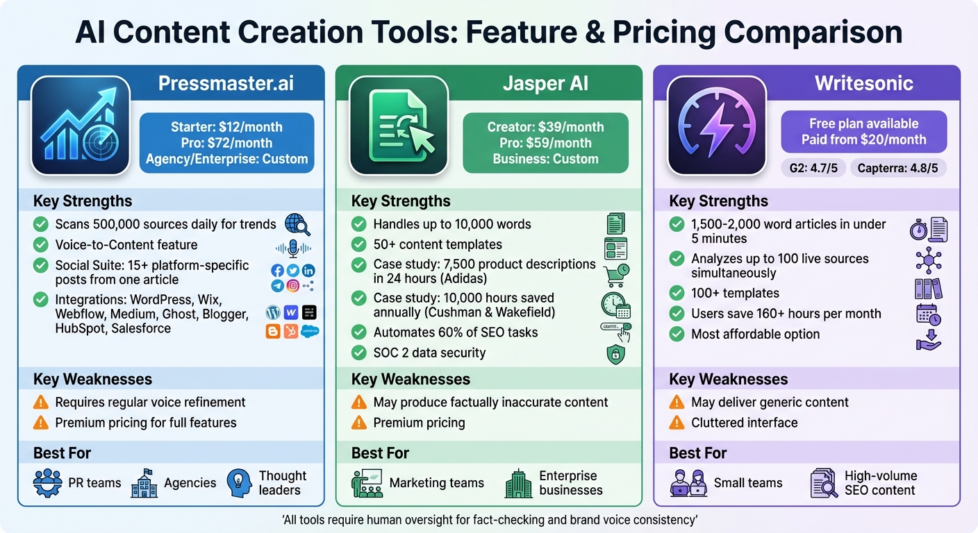 AI Content Creation Tools Comparison: Pressmaster.ai vs Jasper AI vs Writesonic