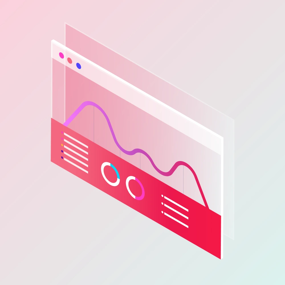 Stylized 3D dashboard interface with line graph and two circular progress charts on a pink-red panel.
