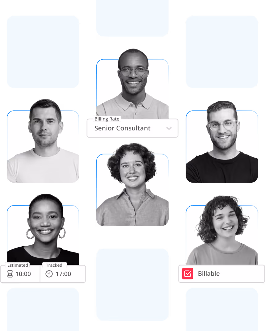 Grid of black-and-white team member portraits with interface elements displaying a selected role dropdown and scheduling tags.