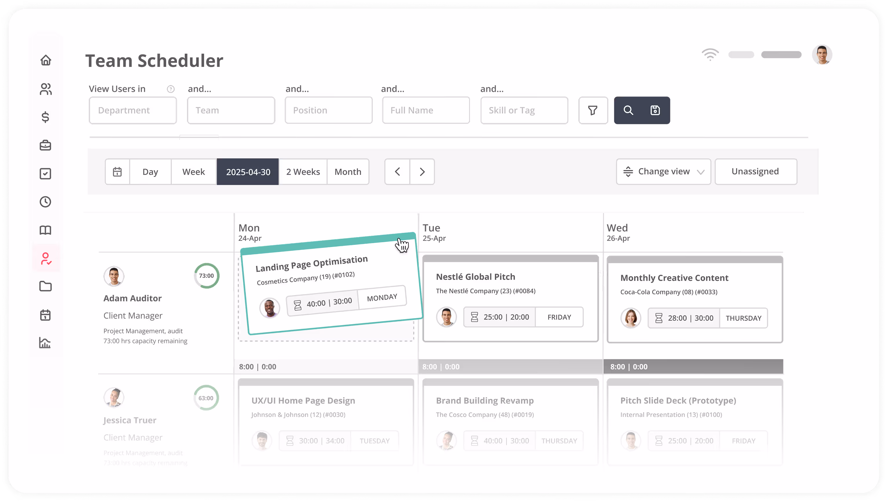 Magnetic team Scheduler interface showing tasks for Adam Auditor and Jessica Truer from April 24 to 26, including Landing Page Optimisation, Nestlé Global Pitch, and Monthly Creative Content.