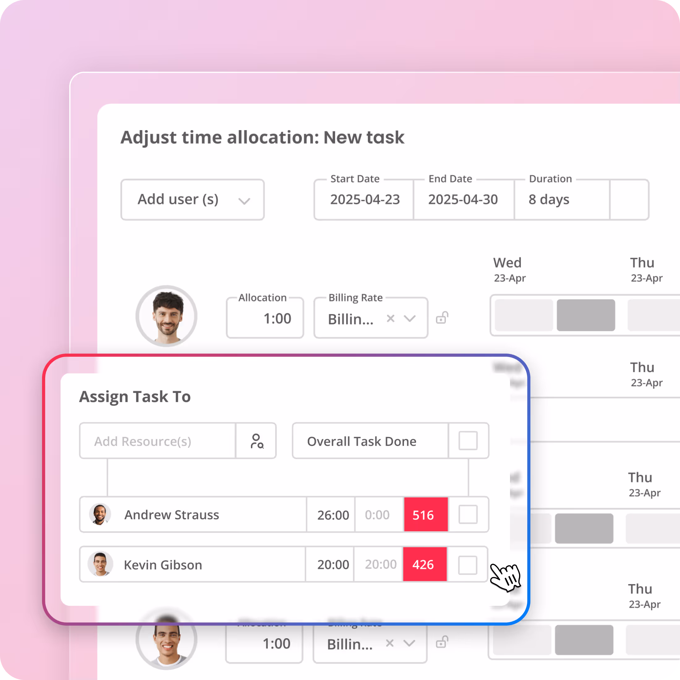 Magnetic task management interface showing time allocation, start and end dates, user assignment with hours tracked and overall task completion status for users Andrew Strauss and Kevin Gibson.