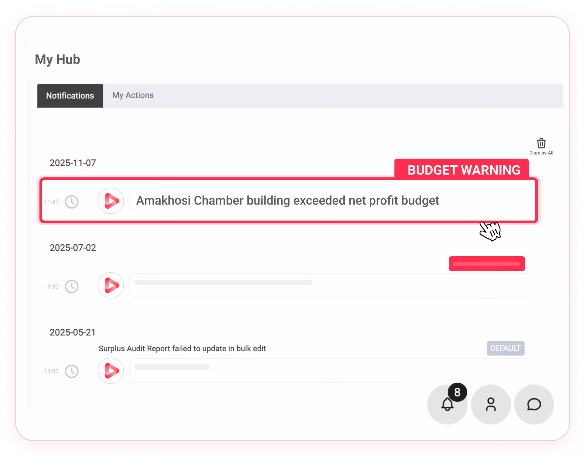My Hub notifications showing a budget warning for Amakhosi Chamber building exceeding net profit budget on 2025-11-07.