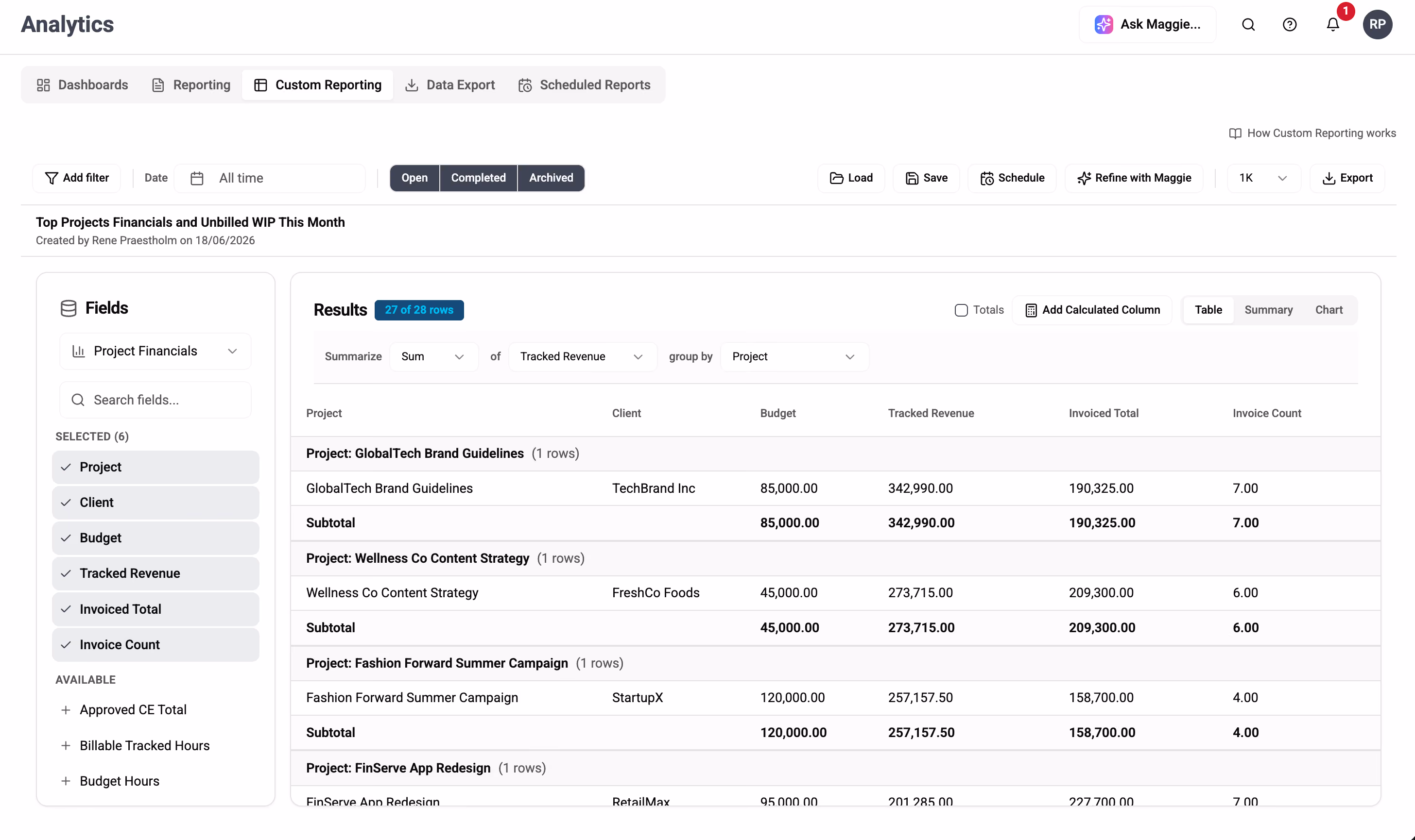 Maggie-built project financials and unbilled WIP report