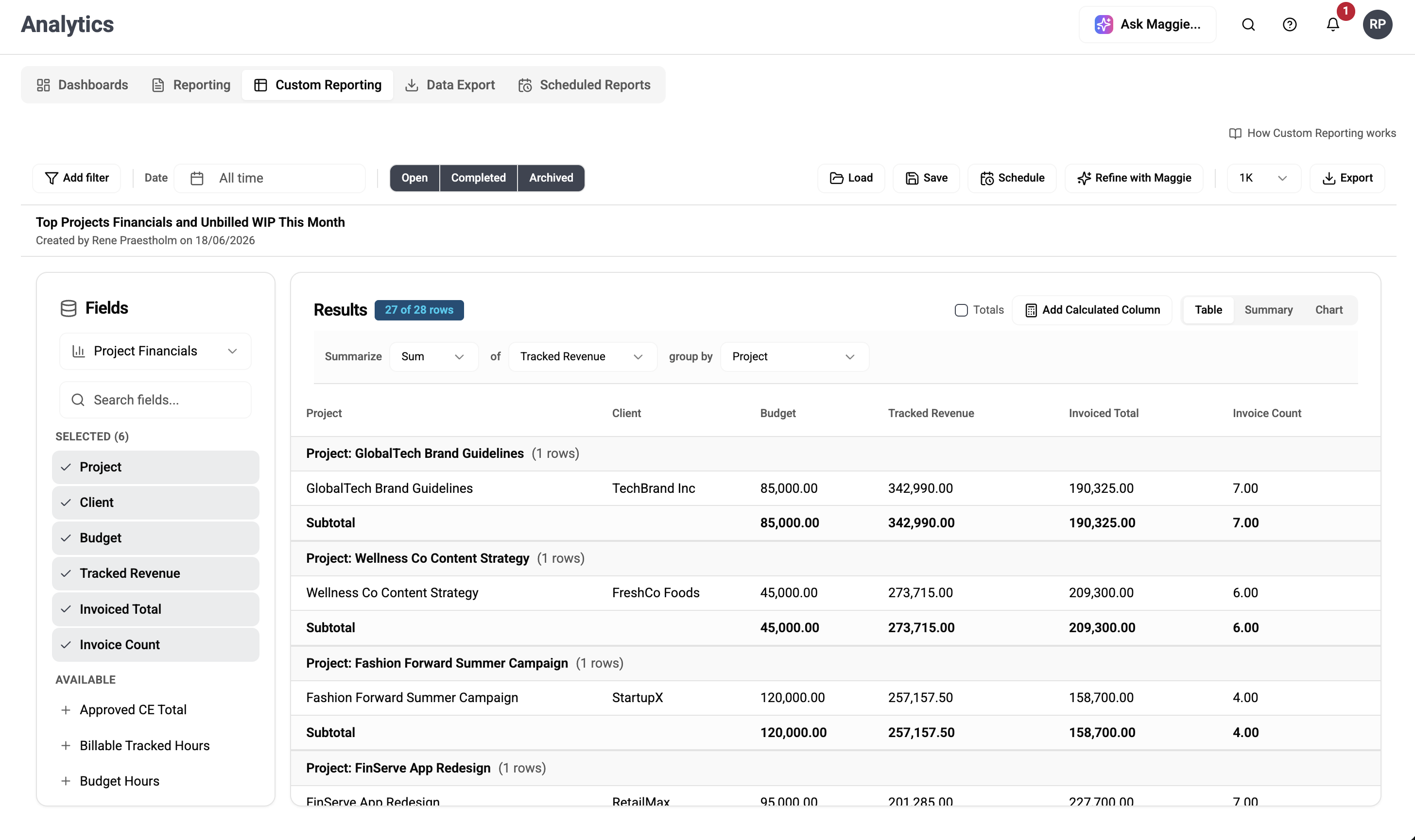 Maggie-built project financials and unbilled WIP report