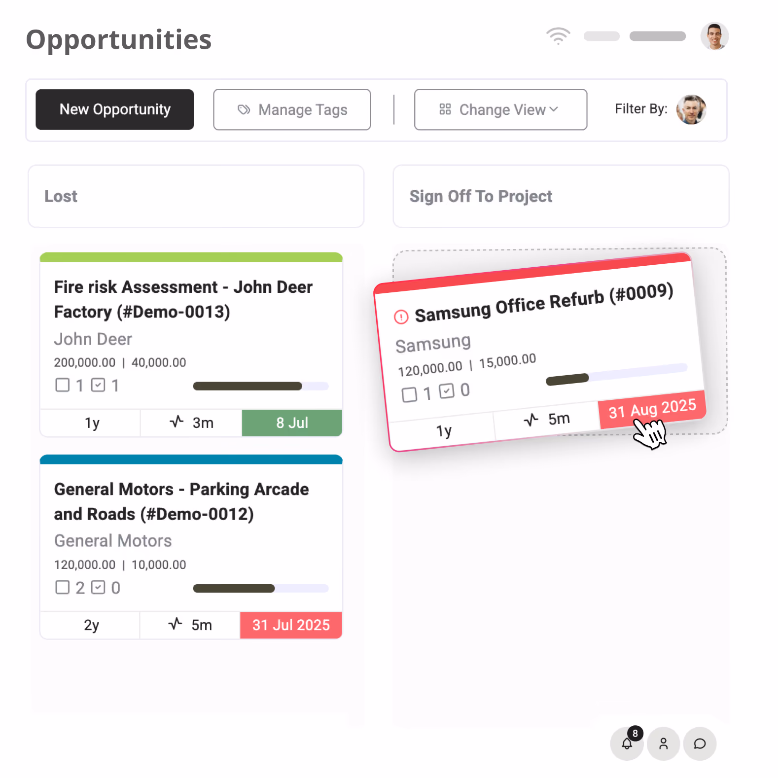 Dashboard showing opportunities split into Lost and Sign Off to Project with project details and deadlines.