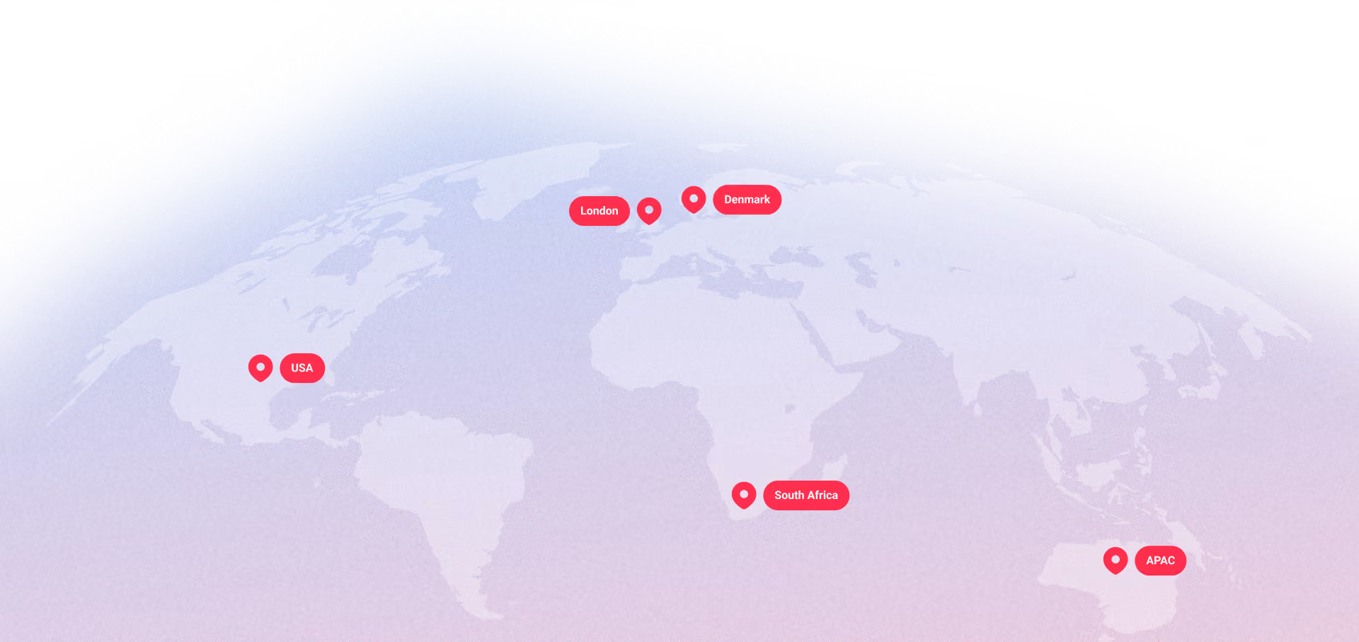 World map highlighting locations: USA, London, Denmark, South Africa, and APAC with red map pins.
