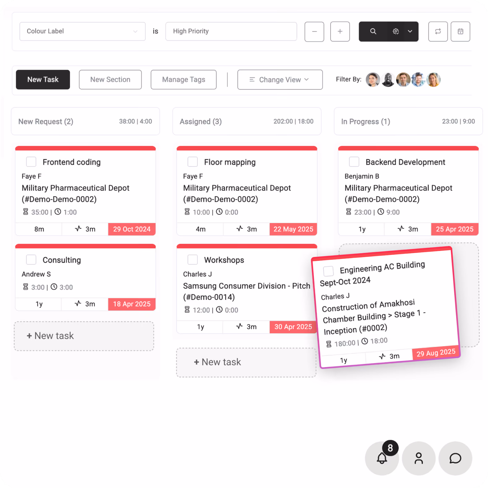 Magnetic task board — new requests, assigned, in progress