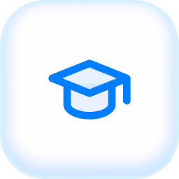 Blue graduation cap icon on white background with light blue border.