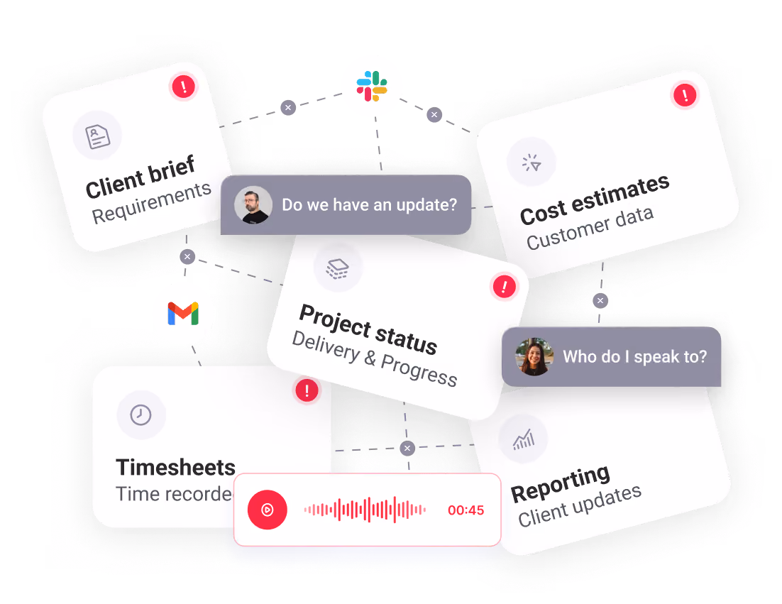 Scattered project information across client briefs, cost estimates, project status, timesheets and reports, connected by Slack, email, chat messages and a voice note.