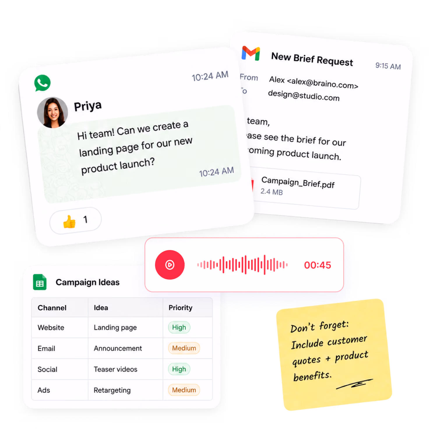 Collage of a client brief spread across WhatsApp, email, voice notes, spreadsheets and handwritten notes.