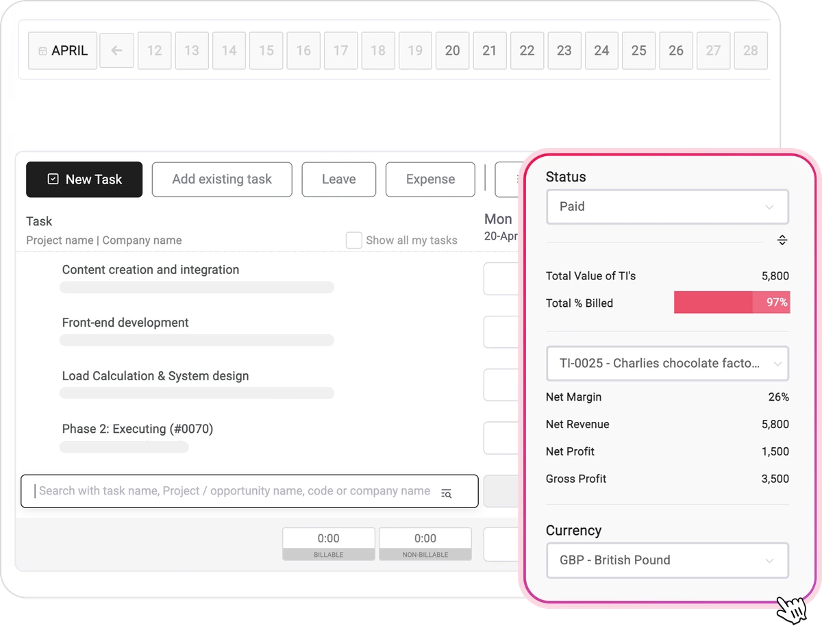 Time entries linked to an invoice, with status and percentage billed