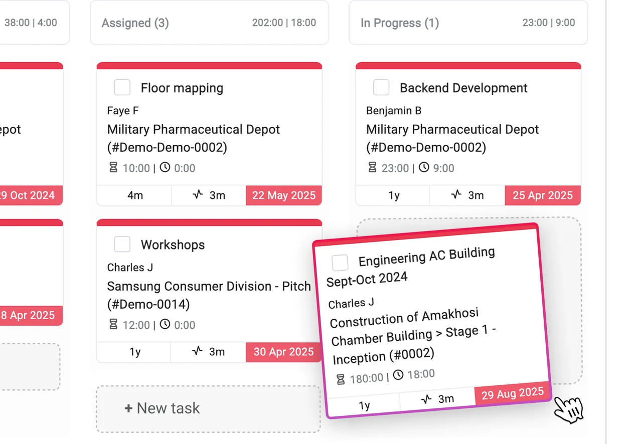 Close-up of Magnetic's task board: task cards with owners, hours and due dates, one card being moved on to the next column.