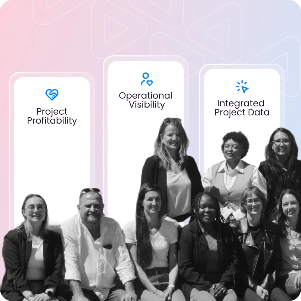 A group photo of the Shift ONE team sitting and standing together in front of three vertical banners highlighting the key benefits of their Magnetic implementation: “Project Profitability,” “Operational Visibility,” and “Integrated Project Data.” 