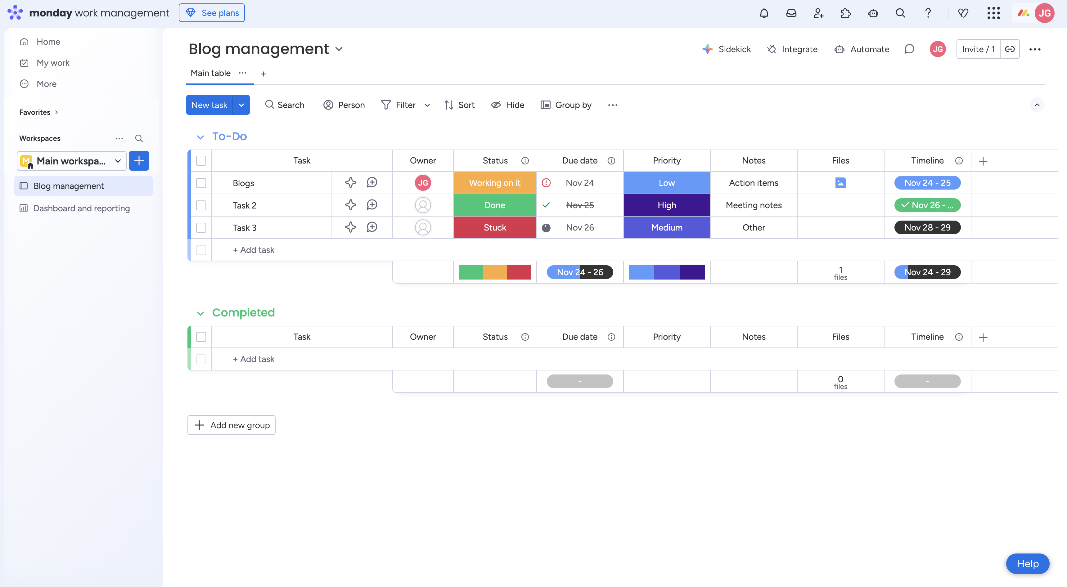 Monday.com project dashboard, list view.