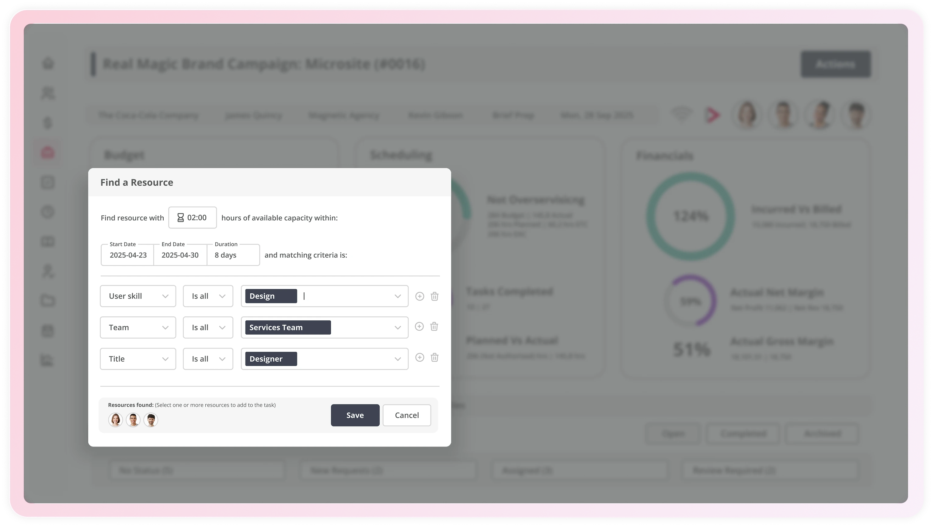 Magnetic interface showing the ‘Find a Resource’ popup. The form includes required hours, start and end dates, and filters for skill (Design), team (Services Team), and title (Designer). Matching designers appear at the bottom as selectable profile icons.