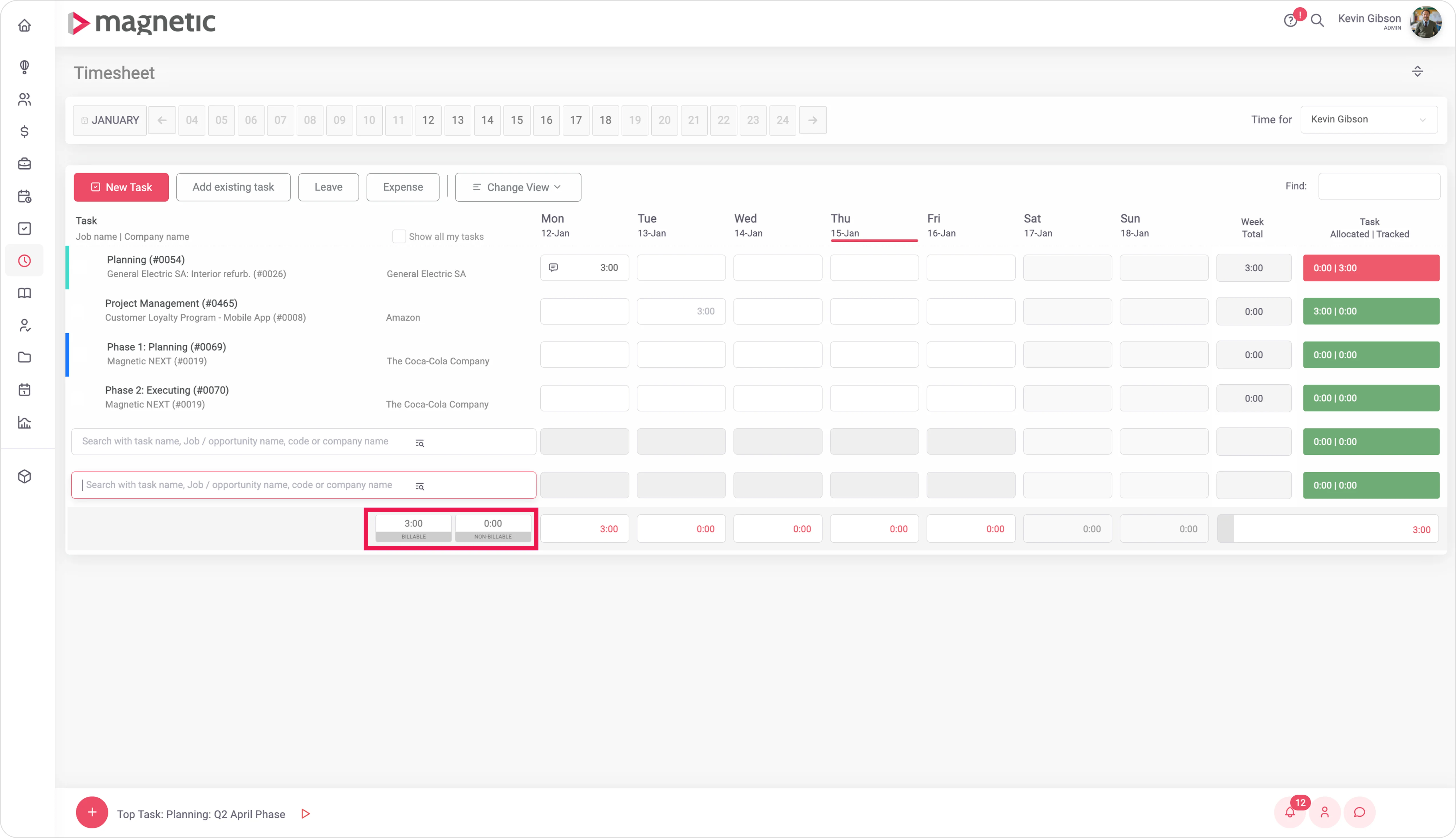 Magnetic timesheet view showing daily billable and non-billable time logged by task and client.