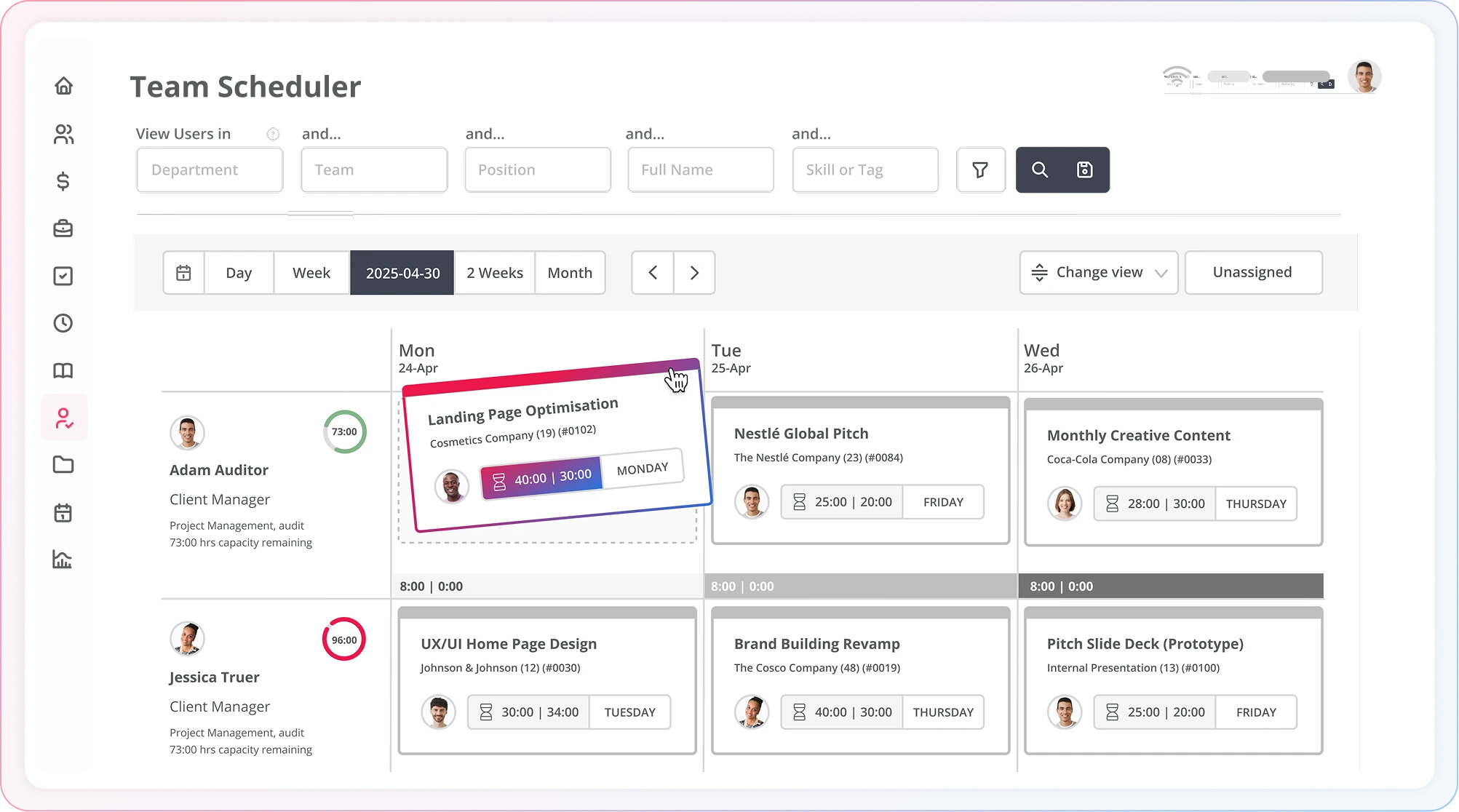 Magnetic team scheduler showing weekly allocation for client services. Once team member has availability, while another is flagged as at capacity.