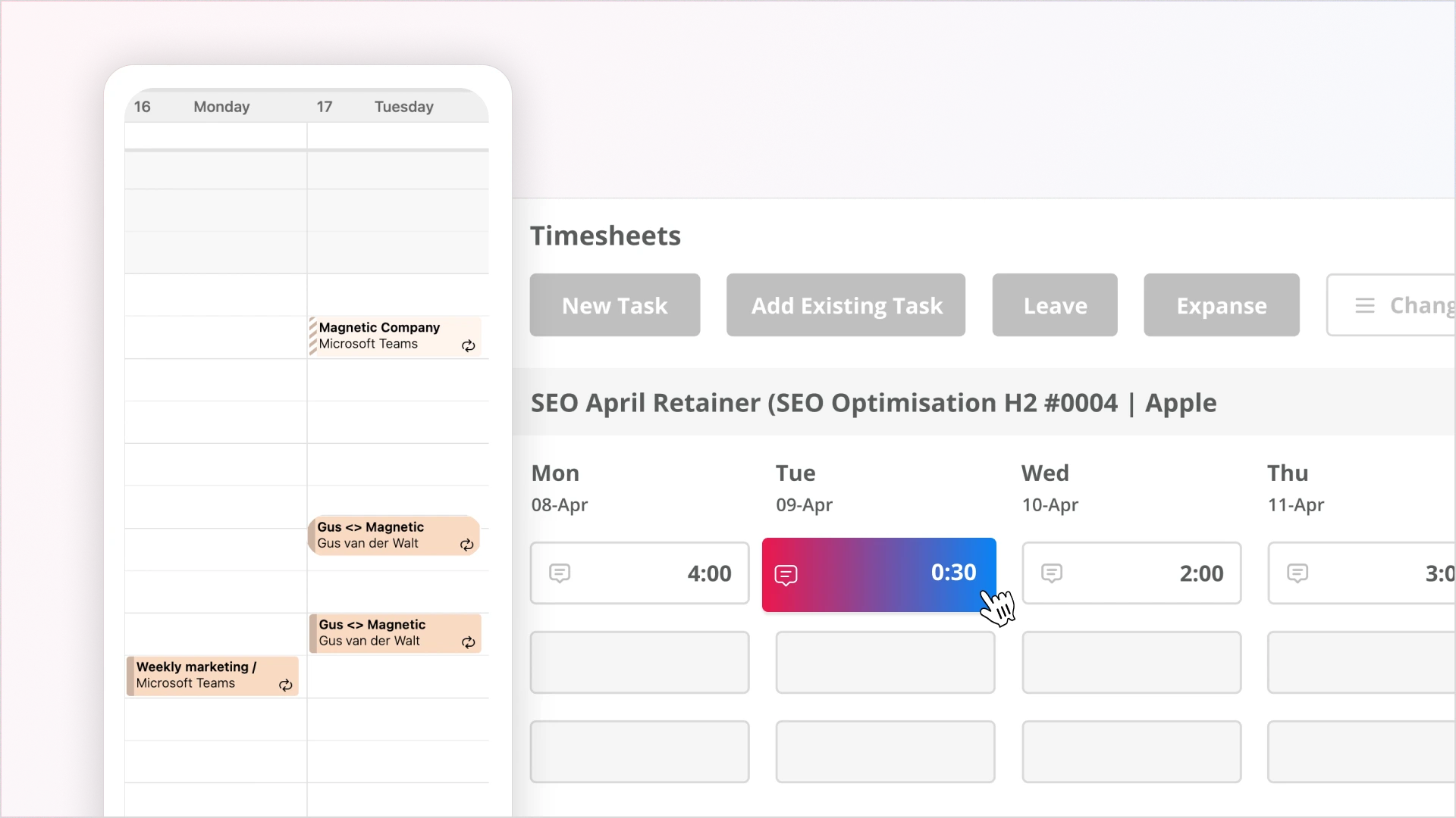 Magnetic timesheet showing calendar events automatically populating tracked time for project work. 