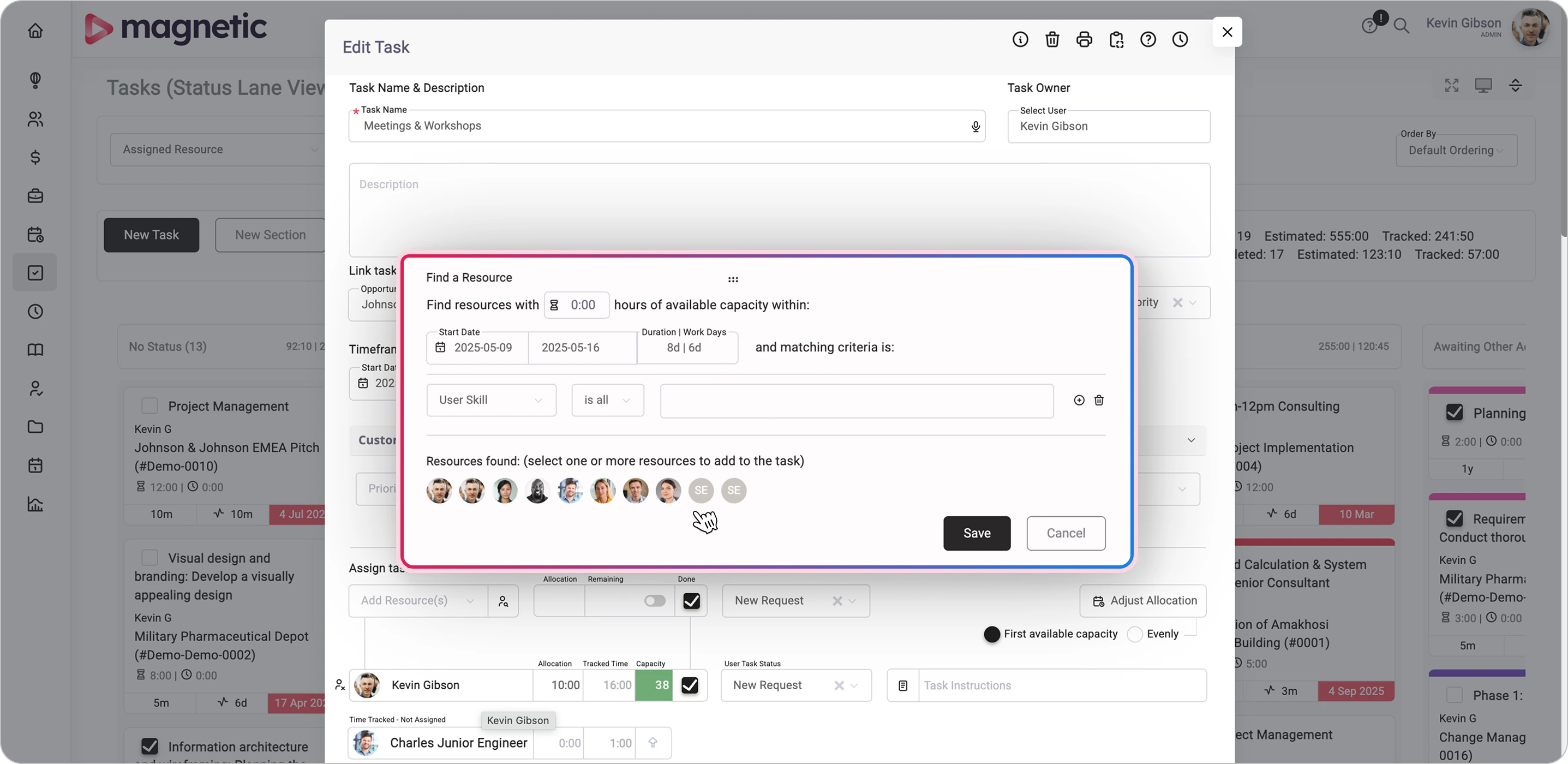 Magnetic task management interface showing resource allocation modal for assigning team members based on availability and skills.