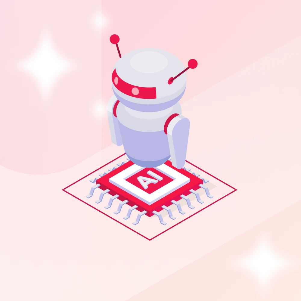 Pink-and-white illustration of a small AI robot atop a microchip.