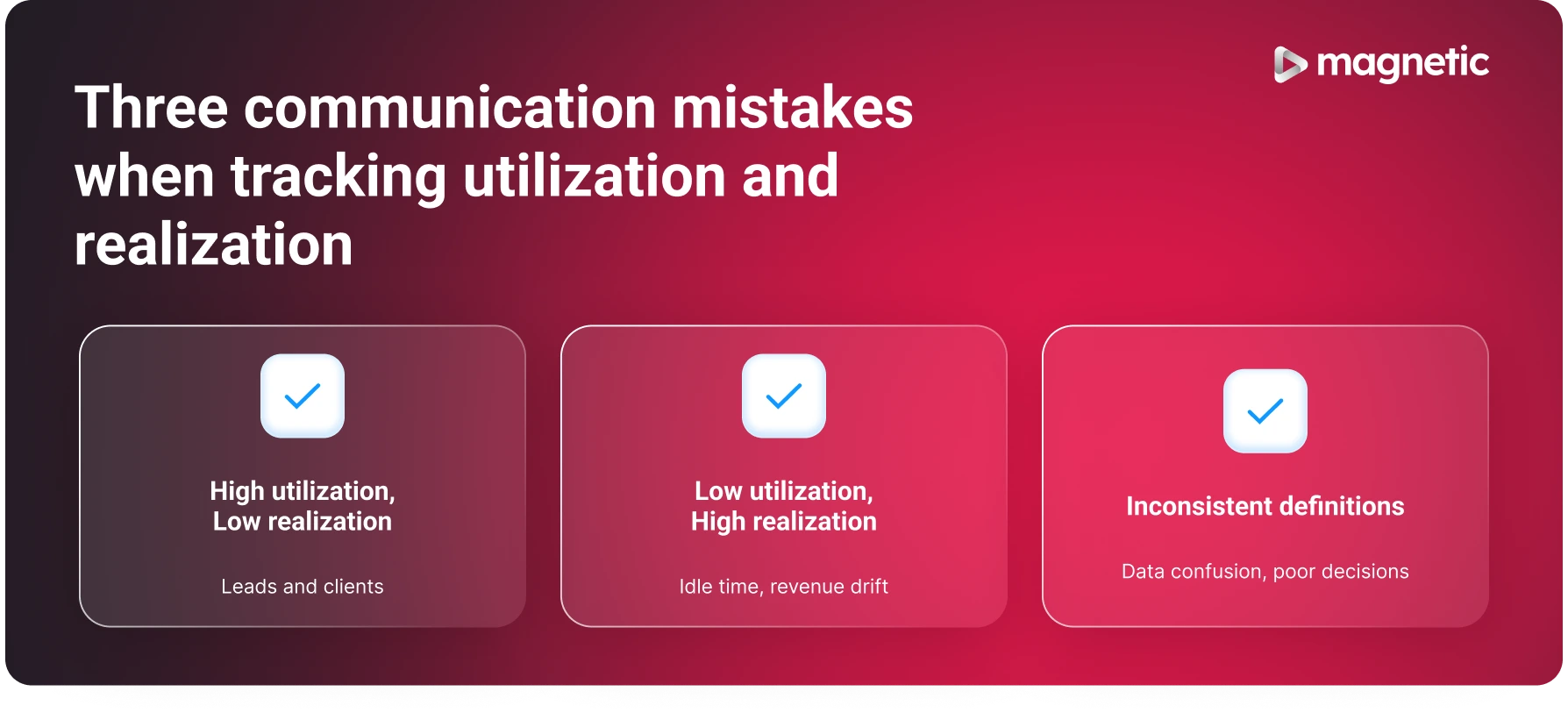 Infographic showing three common mistakes in tracking utilisation and realisation rates: high utilisation with low realisation causing burnout and unpaid work; low utilisation with high realisation leading to idle time and revenue drift; and inconsistent definitions causing data confusion and poor decisions.
