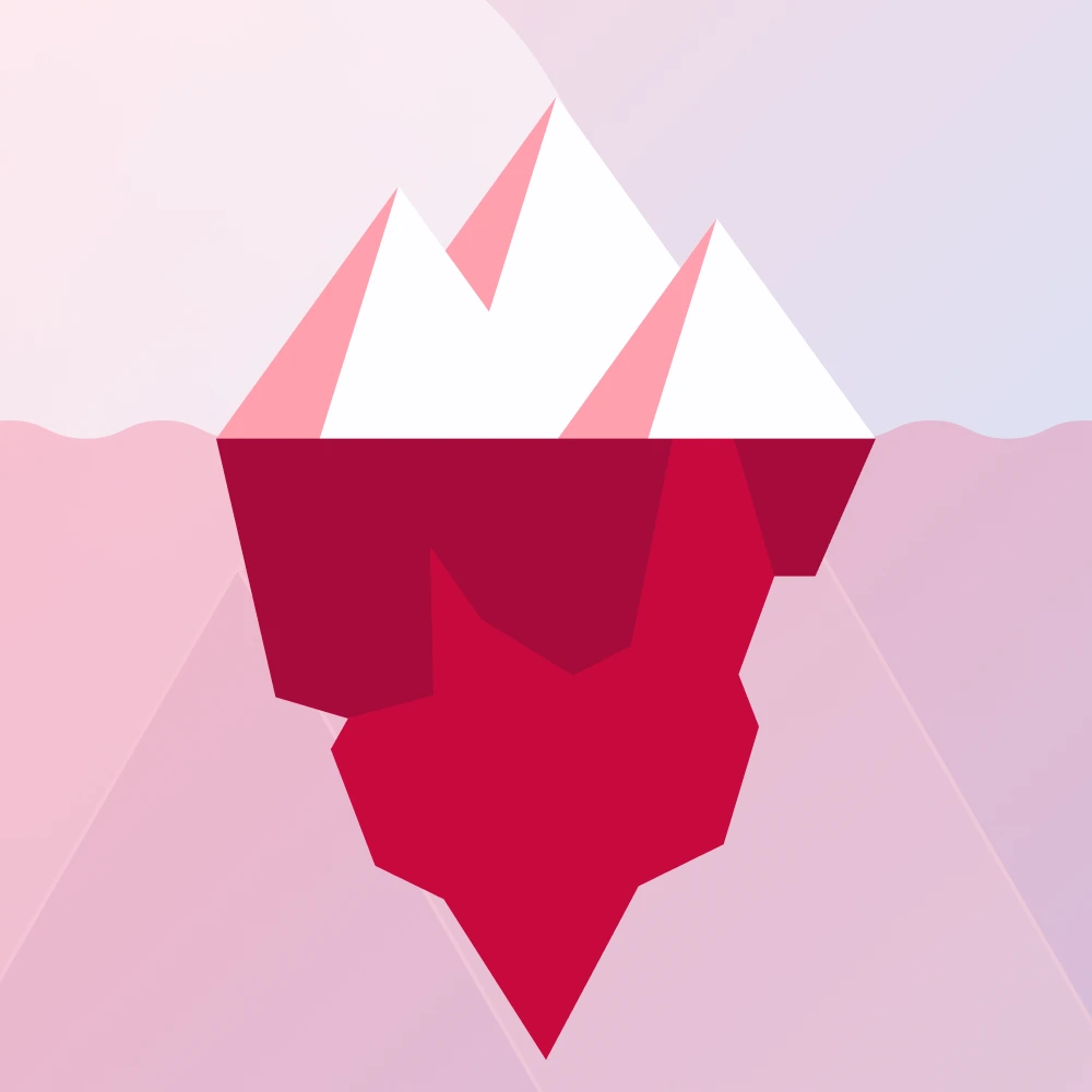 Stylised iceberg with white peaks above the water and a much larger dark pink mass hidden under the water