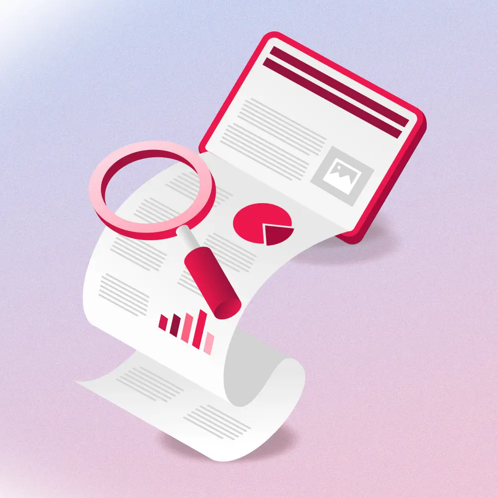Illustration of a statement of work document with project details, charts and a magnifying glass.