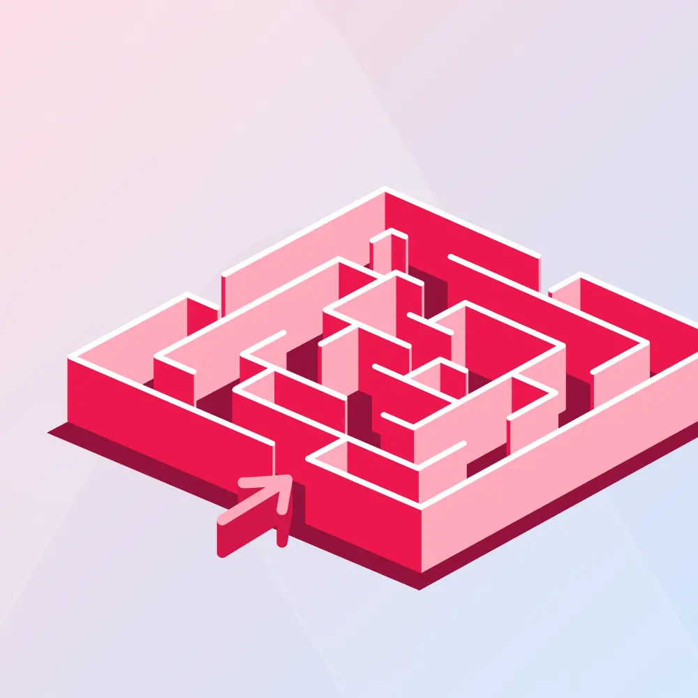 Illustration of an arrow entering a complex maze, representing challenges of managing project complexity.
