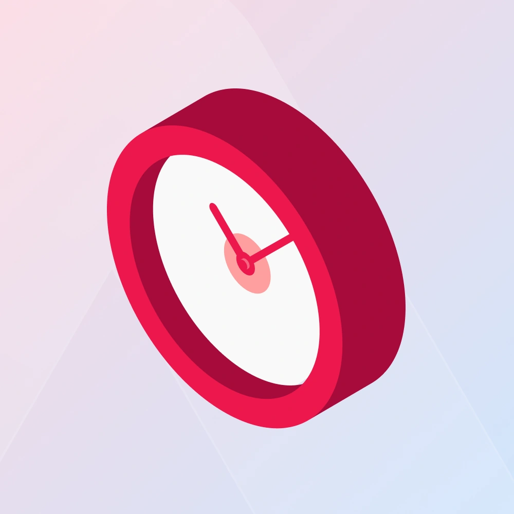 Red clock illustration on a soft pink and blue background