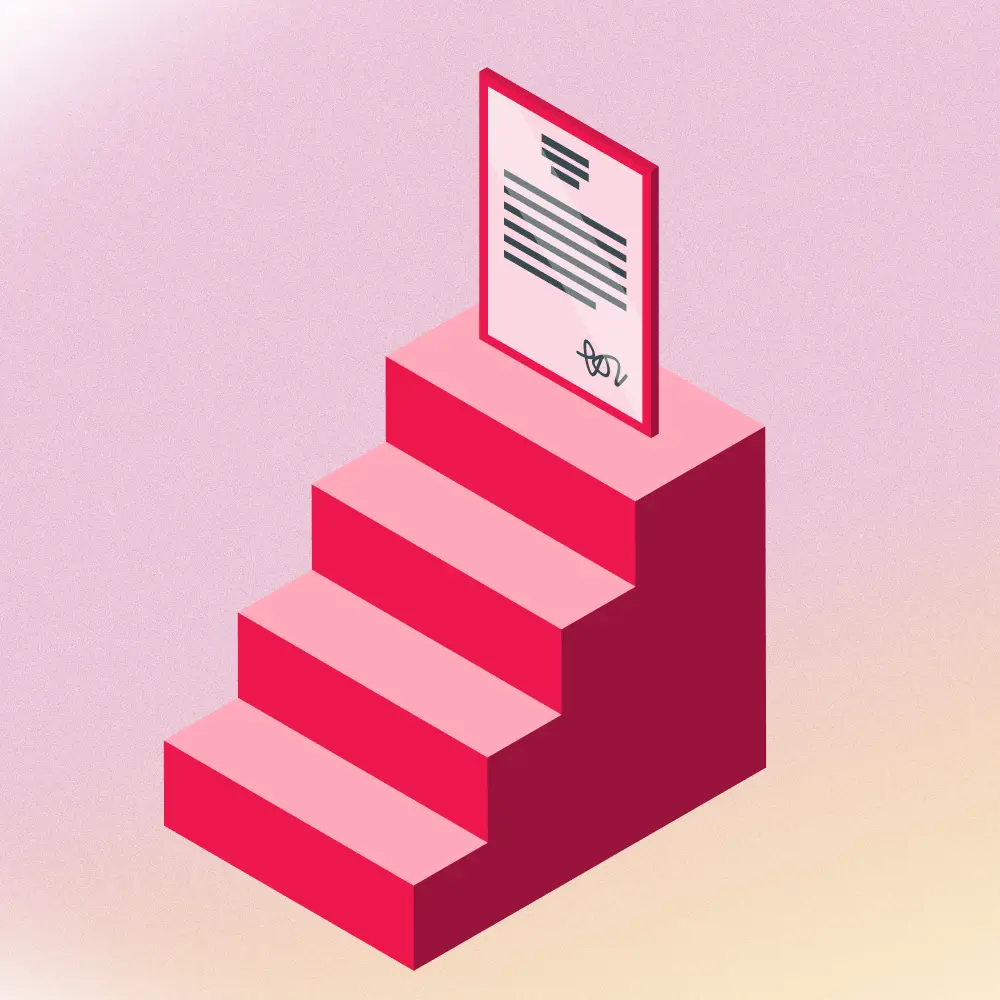 Signed document at the top of a staircase, representing a step-by-step project process.