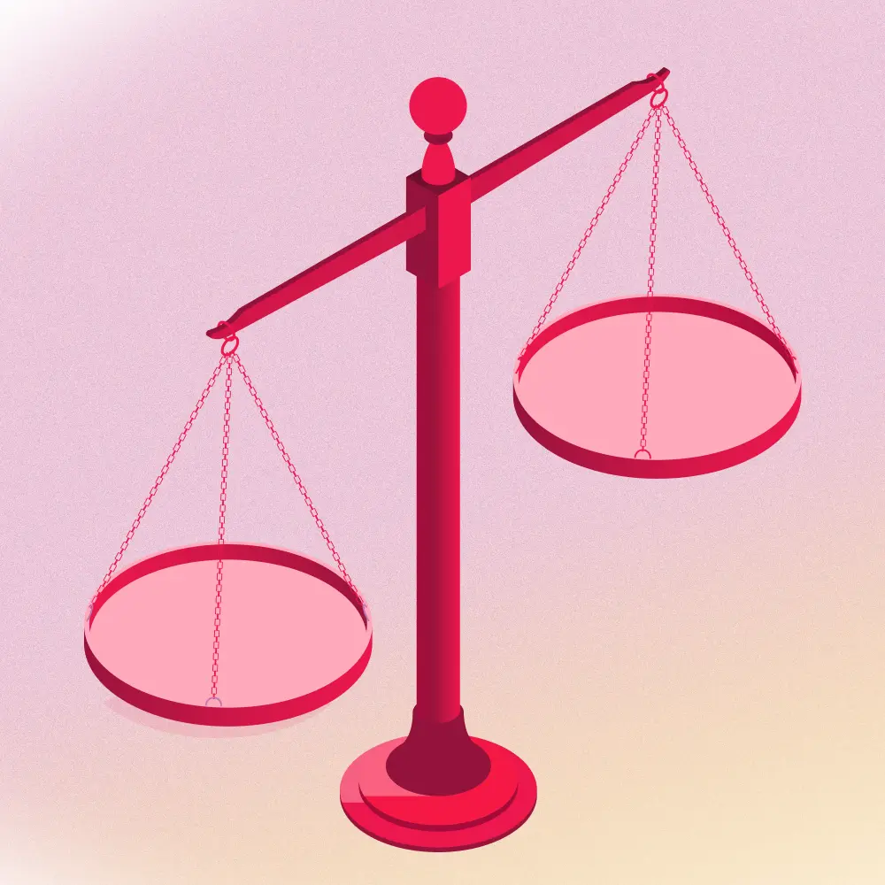 Pink balance scales illustrating the balance between client retention vs new business acquisition.