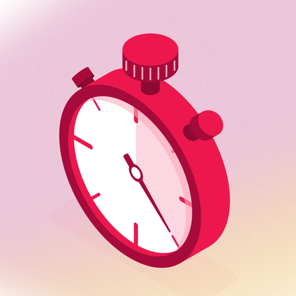 Isometric red stopwatch illustration on a soft pink background.