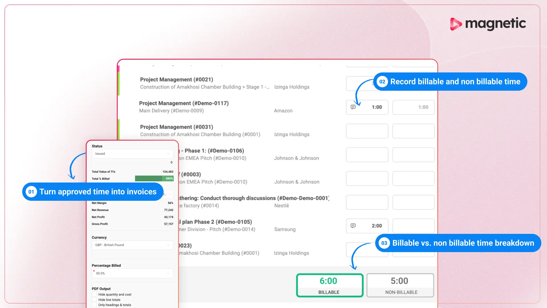 Annotated Magnetic timesheet showing billable and non-billable hours and approved time flowing into invoices