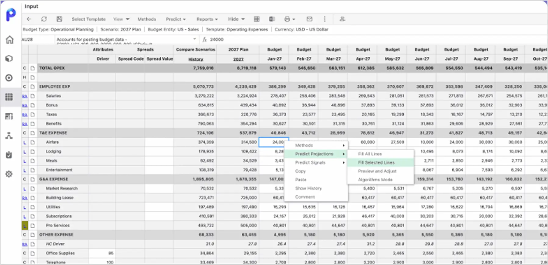 Planful operating expense planning and forecasting view,
