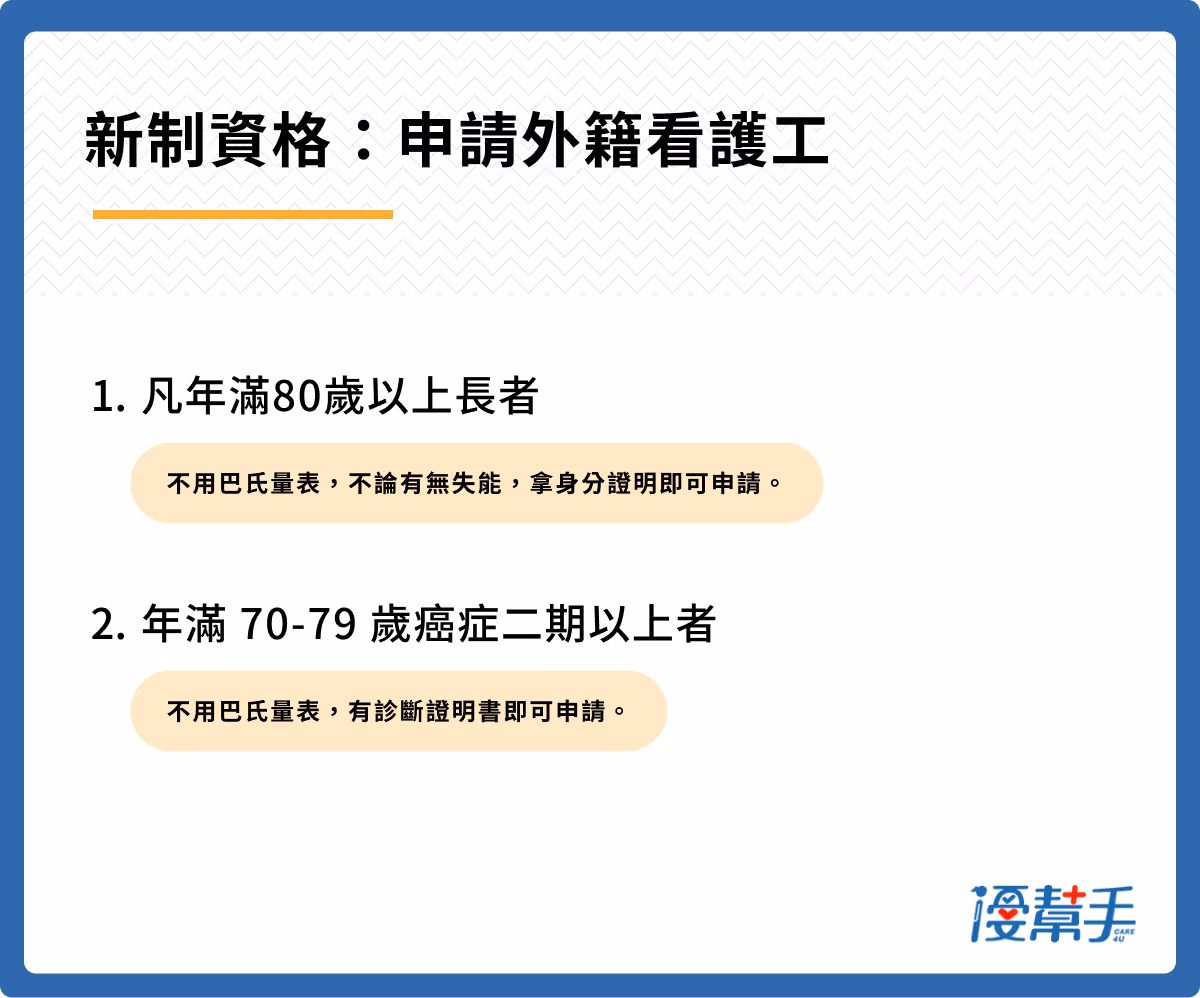申請外籍看護：新制80歲免評巴氏量表資格
