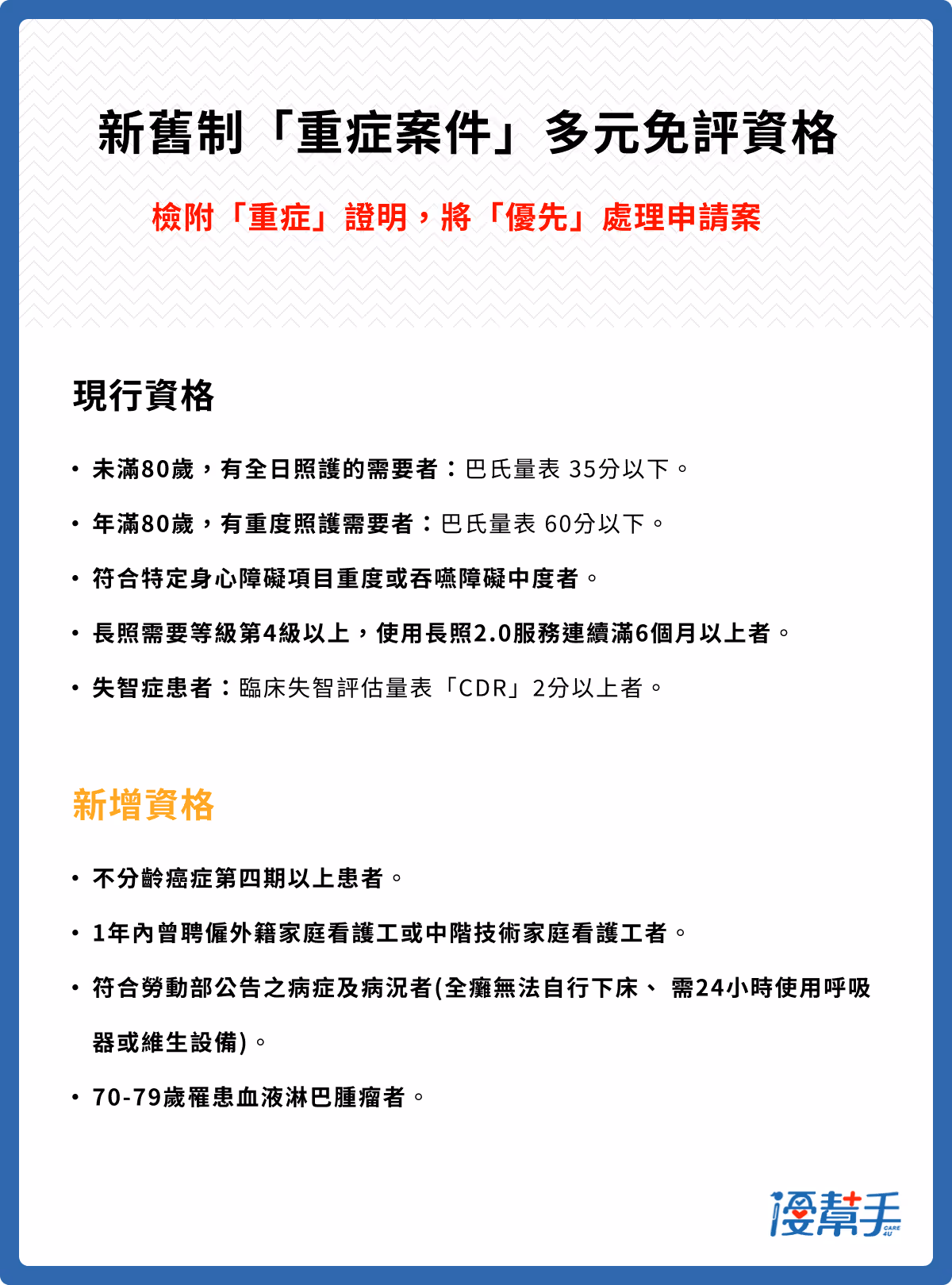 新舊制「重症案件」多元免評資格