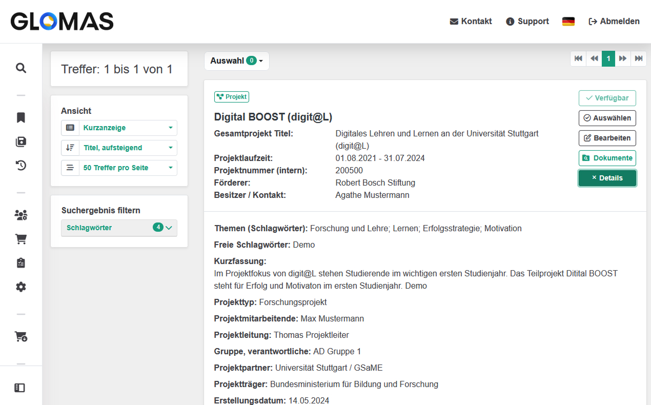 Anzeige eines Projekts in ForDok